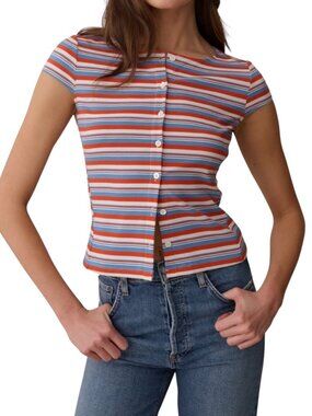 CAARA Prescott Top Small Orange Blue Stripe Ribbed Button Front NWT